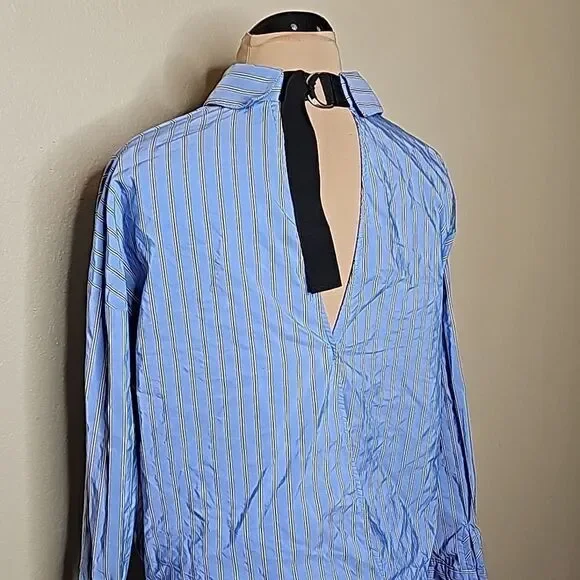 Zara Small Shirt Dress Button Front Blue Stripe Twist Front Long sleeve - Picture 7 of 11